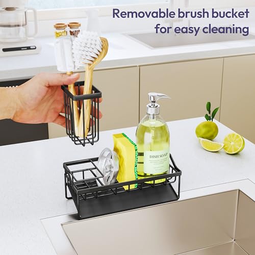 SWTYMIKI Sink Caddy Sponge Holder - Kitchen Sink Organizer with Stainless Steel Self Drain Tray & High Brush Holder for Countertop to Hold Dish Soaps and Sponges, Stainless Steel, Black - color: Black-Slope Drain, size: Medium