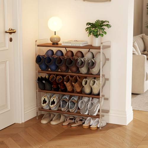 Shoe Rack, 4-Tier Slanted Shoe Storage Shelf, Narrow Shoe Rack for Entryway, Solid Wood and Acrylic Shoe Stand, Slim Shoe Shelf with Wooden Top ，Suitable for Bedrooms and Living Rooms - size: 72