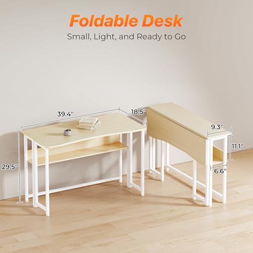 Huuger Folding Desk with Storage Shelf, 39.3 Inch Foldable Computer Table for Small Spaces, Space Saving Sofa Table for Couch, Writing Work Office Computer Desk, Easy to Fold, Oak - color: Oak, size: 18.5"D x 39.4"W