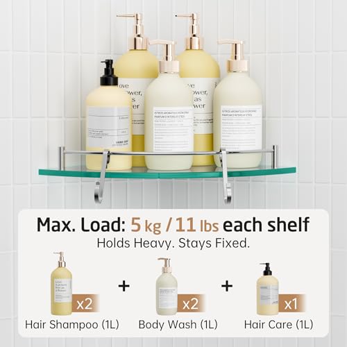 KES Glass Corner Shelf with Hooks 18/8 Stainless Steel, Tempered Glass Bathroom Corner Shelf with Rail, Shower Glass Shelf 2 Pack Wall Mounted, Polished Finish, BGS2101A-P2 - color: Polished Finish