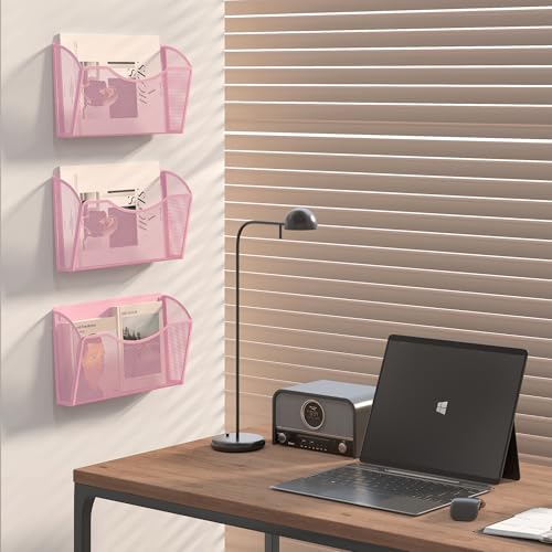 EasyPAG Wall File Organizer, Metal Mesh Hanging File Folder Holder for Letter/A4 Size Folders, Vertical Wall Mount Mail Sorter for Office Paperwork, Classroom, Pink - color: Pink