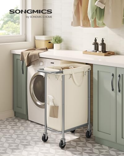 SONGMICS Laundry Basket with Wheels, Rolling Laundry Hamper, 23.8 Gallons (90 L), Removable Liner, Steel Frame with Handle, 24 x 11.4 x 31.9 Inches, Cream White URLS003W01 - color: Cream White, size: 90 L (1-Section), style: Rectangular with handle