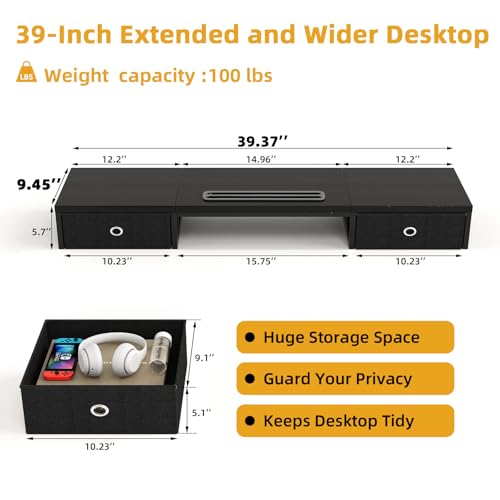 39 Inch Dual Monitor Stand Riser with 2 Drawers - Large Black Wooden Computer Stand for 2 Monitors, Ergonomic Desk Organizer with Phone Holder, Desktop Storage for Laptop, Office Supplies, Home Office - color: Black