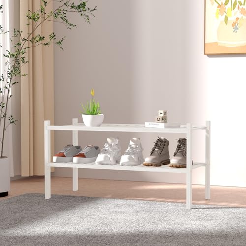 ROMGUAR CRAFT 2 Tier Bamboo Shoe Rack for Closet Free Standing Wood Shoe Shelf for Entryway Small Space Stackable 27"x11"x13" (White) - color: White, size: 2 Tier