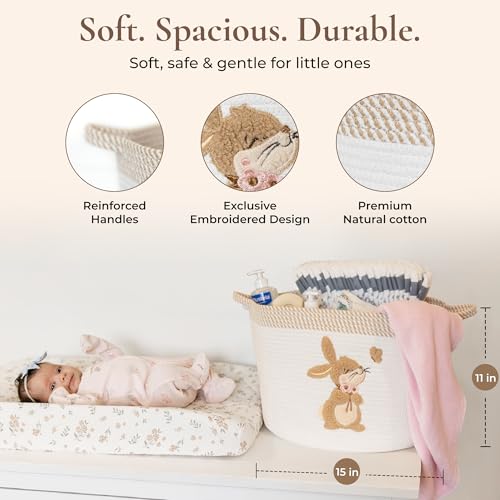 Bunny Storage Basket for Nursery – Large 15"x11" Cotton Rope Bin with Soft Embroidered Bunny Patch – Toy Organizer, Baby Laundry Hamper, Blanket & Diaper Holder – Foldable, Washable & Baby-Safe - color: Bunny