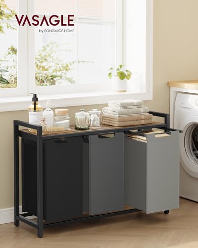 VASAGLE Laundry Hamper, Laundry Basket, Laundry Sorter with 3 Pull-Out and Removable Bags, Shelf, Metal Frame, 3 x 10.6 Gallons (40 L), 36.4 x 13 x 28.4 Inches, Tricolor and Rustic Brown UBLH301X01 - color: Tricolor + Rustic Brown, size: 3 Bags - 120 L