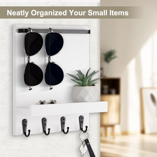 Key Holder Wall Mount, Key Holder for Wall with 4 Hooks, Farmhouse Key Hanger Holds Dog Leash, Sunglasses – Decorative Mail Organizer Home Decor (White) - color: White
