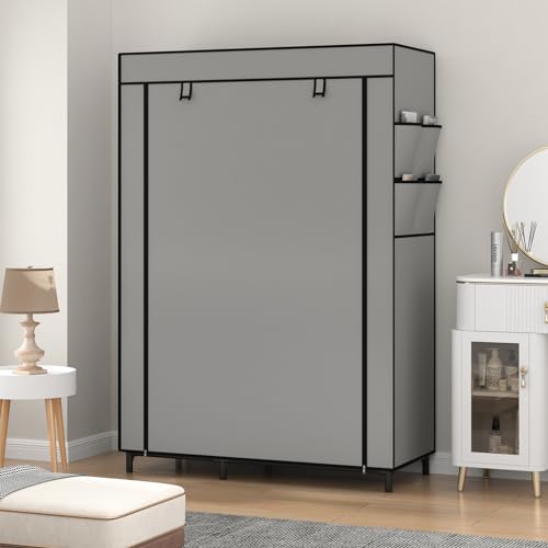 Calmootey Portable Closet Organizers, Clothing Storage, Wardrobe with 6 Shelves and Hanging Rod, Non-Woven Fabric Cover with 4 Side Pockets, Grey - color: Grey