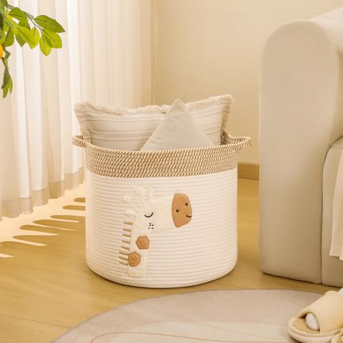 Large Blanket Baskets for Living Room Decor, Toy Storage Baskets Woven Cotton Rope Storage Basket for Kids, Dog Toys Organizer Clothes Hamper with Embroidery Decor for NurseryLaundry (Large, Giraffe) - color: Giraffe, size: Large