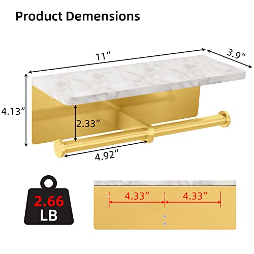 Brushed Gold Toilet Paper Holder with Shelf, New Upgrade Double Toilet Paper Holder with Storage, Marble Roll Toilet Paper Wall Mount for Bathroom Washroom - color: Gold, size: 2 Roll