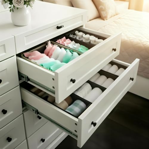 Bructhun Sock Drawer Organizer 3 Pack - Foldable Fabric Storage Bins for Underwear Divider, Small Closet Organizers with 3 Compartments, Light Gray - color: Light Gray