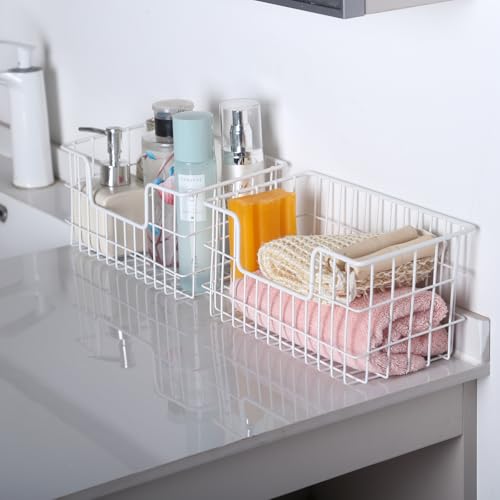 JUNCHU CHERRY Wire Storage Basket 2 Packs, Wall Mounted Kitchen Bathroom, Hanging Cabinet Door Storage Basket, no Drilling, Supporting 2 Types of Hooks, Strong Bearing, Suitable for Home, White - color: 2 White