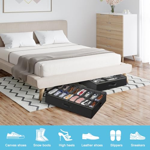 Under Bed Shoe Storage Organizer for Closet, 32 Pairs Sturdy Underbed Shoe Storage Boxes Bins Container Foldable Shoes Storage with Reinforced Handles & Clear Window for College Dorms Black, Set of 2 - color: Black