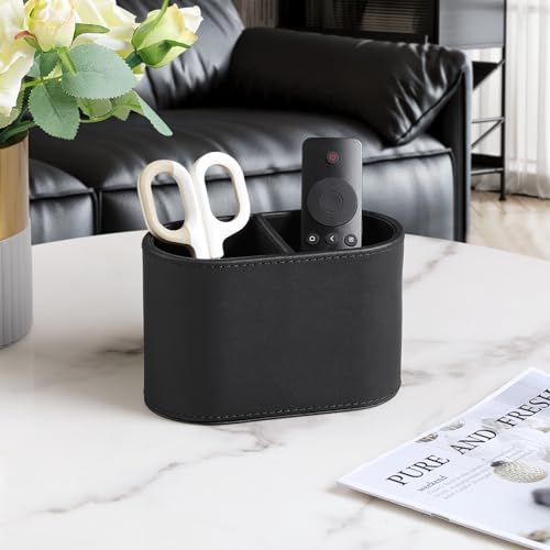 PU Leather Pen Holder for Desk, Small Remote Control Holder Pencil Cup Multifunctional Desktop Organizer Caddy for Home School Office Desk Accessories - 2 Compartments (Black) - color: Black