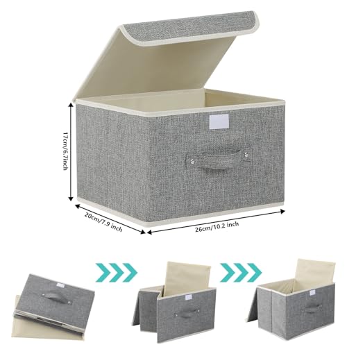 Storage Boxes, Collapsible Storage Bins with Lids, Cotton and linen cloth Storage Baskets with Handle, for Books, Closet, Bedroom, Home, Grey, 3 Pack 10.2 X 7.9 X 6.7in - color: Grey, size: 10.2x7.9x6.7in(3-pack)