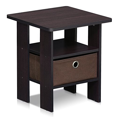Furinno ANDREY Side Table, End Table, Night Stand with Open Shelves and Storage Bin, Bedside Table, for Living Room, Bedroom, Dark Walnut - color: Dark Walnut, size: 1-Pack, Center Bin