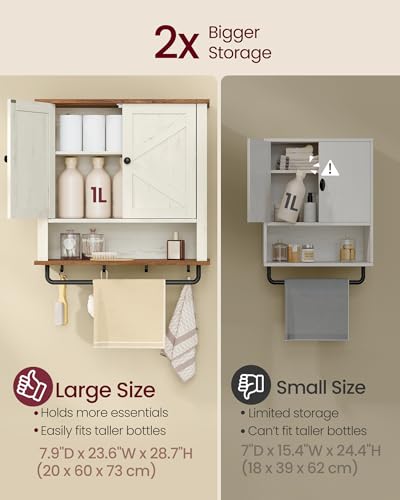 VASAGLE LIRY Collection - Bathroom Wall Cabinet, Farmhouse Wall-Mounted Medicine Storage Cabinet with 2 Barn Doors, Adjustable Shelf, Towel Bar, 7.9 x 23.6 x 28.7 Inches, Rustic White UBBK131W01S - size: 7.9"D x 23.6"W x 28.7"H