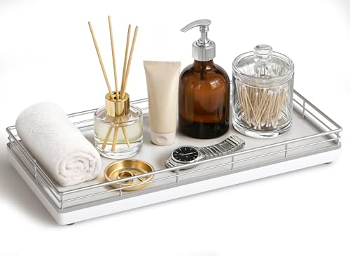 Bathroom Vanity Tray for Countertop, 12" x 6" Oak Wood Toilet Tank Tray with Metal Guardrail, Bathroom Organizer for Soap, Perfume & Skincare, Non-Slip Decorative Tray for Dresser, Sliver & White - color: Silver, size: 12" x 6" x 1.5"