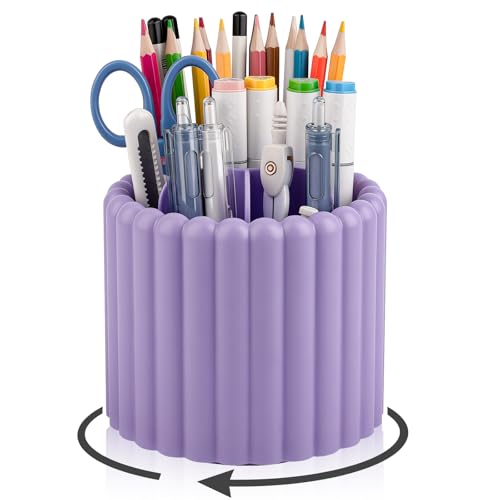 Anyoifax 360° Rotating Pen Holder 7 Slots Desk Organizer Removable Pencil Cup Plastic Art Supplies and Accessories Desktop Storage Box Caddy for Office, School, Home (Purple) - style: Stripe Purple