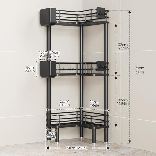 Orimade Rustproof 3 Tier Floor Standing Corner Shower Caddy Organizer with Toothbrush Holder, Large Spacing Floor Shower Shelf Rack Storage Stands with Hooks for Bathroom Kitchen, Black - color: Black, size: 3 Tier