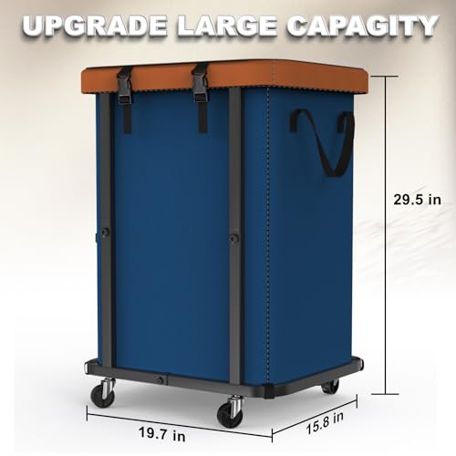 150L (40 Gal) Large Fashion Laundry Basket with Wheels, Leather Patchwork Rolling Hamper Carts, Sturdy Metal Frame, Removable Washable Bag, Tall Clothes Sorter for Bedroom, Laundry Room - Navy Blue - color: Navy Blue, size: 1 Section-150L