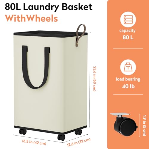SpaceTrove Laundry Basket with Wheels, Collapsible Laundry Baskets, Laundry Hamper with Handles Detachable Wheels, Rolling Laundry Basket, Dirty Clothes Hamper for Bathroom, Dorm, Bedroom, Cream, 80L - color: Cream, size: 80L