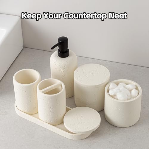 Bathroom Accessories Set, Travertine Stone-Look, 6 PCS Bathroom Accessory Set with Soap Dispenser, Toothbrush Holder, Tumbler, Vanity Tray, Cotton Swab Jars for Countertop (Off White 6 PCS) - color: Off White 6 Pcs