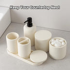 Bathroom Accessories Set, Travertine Stone-Look, 6 PCS Bathroom Accessory Set with Soap Dispenser, Toothbrush Holder, Tumbler, Vanity Tray, Cotton Swab Jars for Countertop (Off White 6 PCS) - color: Off White 6 Pcs