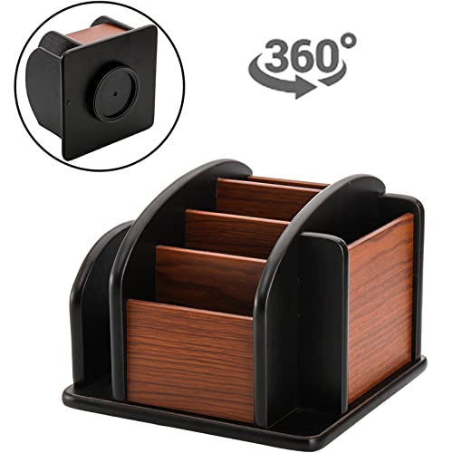 DEAYOU Wood Rotating Remote Caddy, Spinning Remote Control Holder for Table, 6-Compartment Wooden Revolving Office Supplies Desktop Storage Organizer for Pen, Pencil, Mail, Desk, Home, Living Room