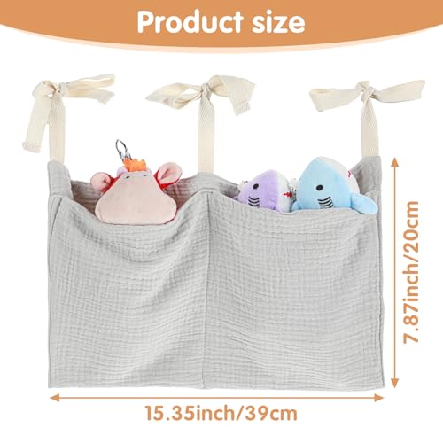 Cotton Baby Hanging Bedside Storage Bag Organizer with 2 Pockets, Baby Crib Accessories for Cribs, Toys, Diapers (Light Gray)