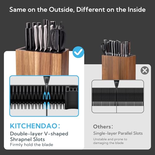 KITCHENDAO XL Acacia Wood Universal Knife Block with Slots for Scissors and Sharpening Rod, Safe, Space Saver Knives Storage Stand Display without Knives, Unique Slot Design to Protect Blade - color: XL-Acacia Wood