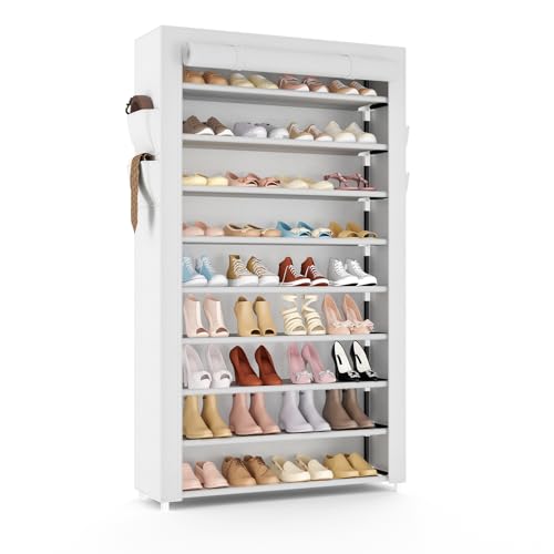 VILICK Shoe Rack with Cover Narrow Shoe Organizer with Pockets 10 Tier Tall Shoe Storage Holds 36-41 Pairs Shoes and Boots Shoe Rack for Closet Entryway Garage, White - color: White, size: 10 Tiers-34.6" Wide