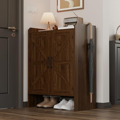 Mericonia Farmhouse Shoe Cabinet with Doors, Modern Large 5-Tier Shoe Storage Cabinet with Adjustable Shelves, Wooden Shoe Organizer for Entryway, Hallway, Closet, Bedroom, Living Room (Walnut) - color: B-walnut
