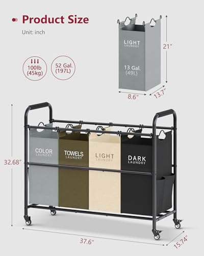 Tajsoon 4 Bag Laundry Sorter Cart, 4 Section Laundry Hamper Sorter with Heavy Duty Lockable Rolling Wheels, Laundry Separator Hamper with Removable Bags for Dirty Clothes Storage, 4 Colors - color: GreyGreenWhiteBlack