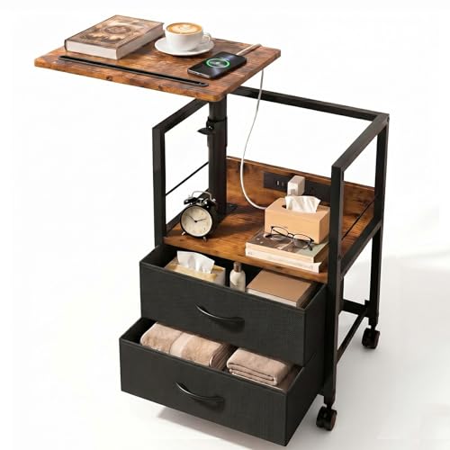 Faesun Swivel Lift Top Nightstand with Charging Station, Rolling Side Table for Recliner, Bedside Table with Wheels & 2 Fabric Drawers, for Small Spaces, for Bedroom, Living Room, Brown Black - color: Brown Black, size: 2 Drawers