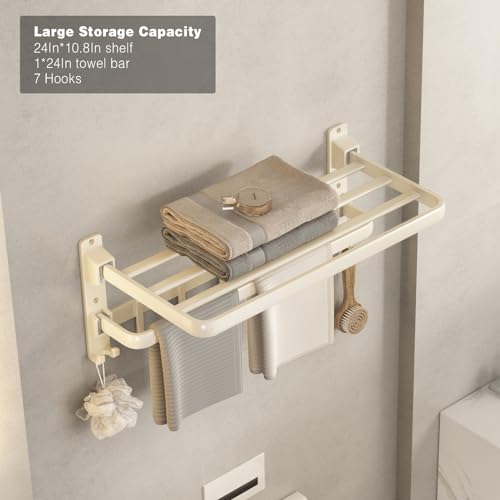 VOLDRA Towel Racks for Bathroom, 24-Inch Towel Shelf with Towel Bar Foldable Towel Holder with 7 Hooks Towel Storage Organizer for Bathroom & Lavatory Wall Mounted(Cream White) - color: Milky White, size: Extra 1 towel bar