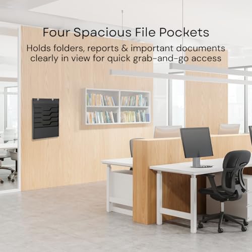 4 Tier Wall Mounted File Organizer, Metal Task Rack for Office Documents, Mail & Folders, Space-Saving Office Wall Organizer, Black 19.5”H - color: Black
