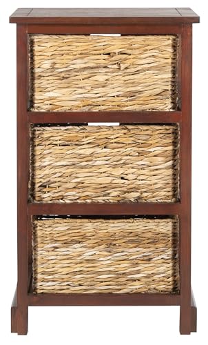 SAFAVIEH Home Collection – Halle Cherry Storage Side Table with Wicker Baskets, Farmhouse Accent Storage, Fully Assembled (AMH5738C) - color: Cherry