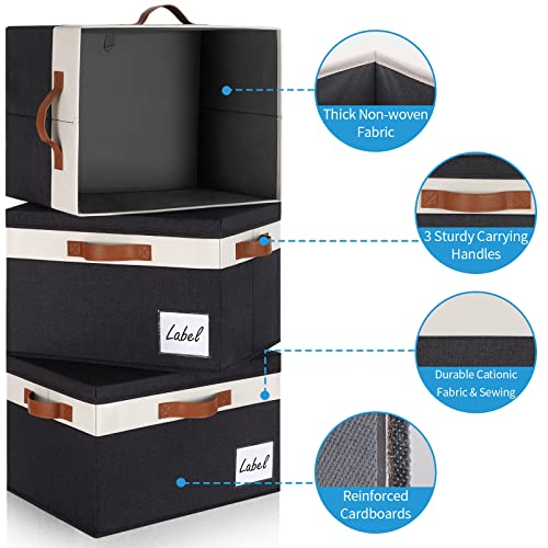 GhvyenntteS Extra Large Storage Bins with Lids, Foldable Fabric Storage Boxes with Lids and Handles, Storage Baskets with Lid and Label for Home Office (3 Pack, Black, 15.75" x 11.8" x 10.2") - color: Black with White, size: Extra Large-3 Pack