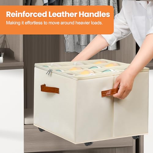 Shoe Organizer for Closet, 2 Pack Shoe Storage Organizer with Wheels and Adjustable Dividers, Stackable Shoe Storage Box with Clear Cover, Foldable Closet Shoe Organizer Fits up to 16-32 Pairs, Beige - color: Beige, size: 17"L x 17"W x 12 ½"H-2 Pack