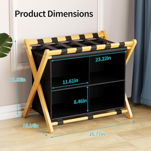 Natural Bamboo Luggage Rack with 4 Storage Compartments ，Foldable Suitcase Stand, Luggage Rack for Guest Room , 150lbs Capacity, Sturdy, - color: Natural 1 Pcs