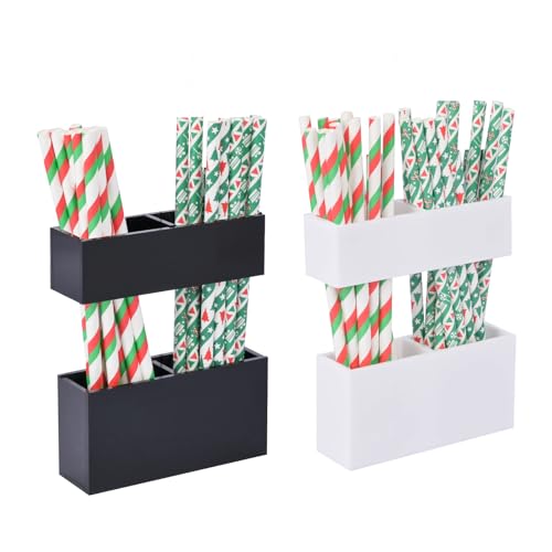 Adjustable 2-Part Acrylic Straw Holder for Cabinet Doors (2 Pack), Reusable Straw Organizer with Ultra-Sticky Adhesive, Small Kitchen Accessories Container (Black and White) - color: Black&White
