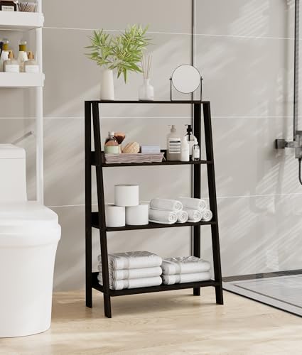 3 Tier Bathroom Ladder Shelf, Freestanding Open Shelving Unit, Toilet Ladder Shelf for Storage, Small Bookshelf for Living Room Kitchen Bedroom Balcony, Black - color: Black, size: 3-Tier