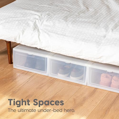 IRIS USA Stackable Shoe Storage Box with Latch Drop Front Door, 6-Pack, for Scarf Game Organizer Container with Ventilation Holes for Closet Under Bed Entryway Storage, Strudy, Wide, Clear - size: 18 Qt Drop Front - 6 Pack