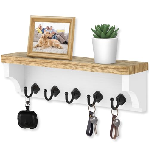 Nekon Key Holder for Wall, 11.8" W x 3.5" H x 2.8" D Decorative Key Organizer with Floating Shelf, Wall Mount Key Rack with 5 Hooks (Wood) - color: Wood