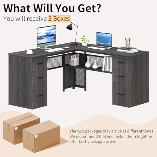HSH L Shaped Corner Home Office Desk with Drawers, Large Computer Desk with Storage File Cabinet Shelves, Rustic Wood Metal Computer Table for Bedroom Executive Work Study Writing, Dark Gray, 59 Inch - color: Dark Gray Oak