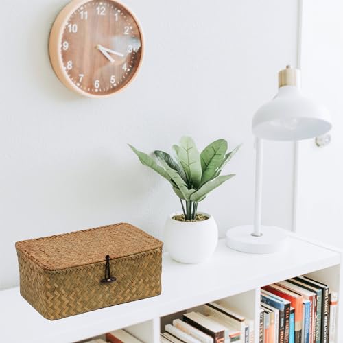Wicker Basket with Lid, Natural Seagrass Storage Baskets for Organizing, Woven Basket for Storage, Decorative Boxes Bins with Lids Home Organizer Decor (‎Natural, Small) - size: 10.23" x 6.3" x 4.13"