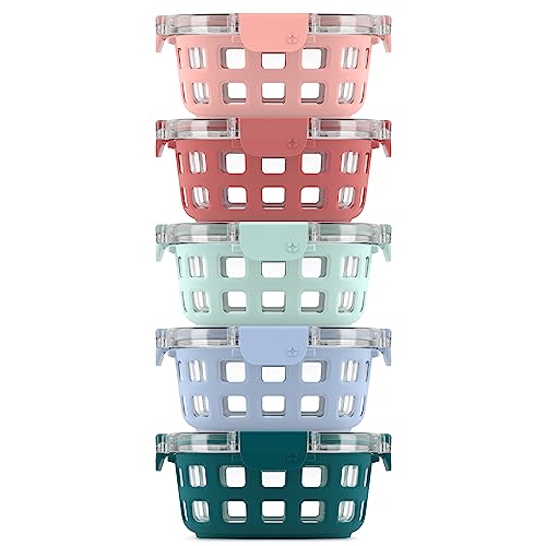 Ello Duraglass 3.4 Cup Round Meal Prep Sets 10Pc, 5 Pack Set- Glass Food Storage Container with Silicone Sleeve and Airtight BPA-Free Plastic Lids, Dishwasher, Microwave, and Freezer Safe, Melon - color: Melon Rounds, size: 3.4 Cup