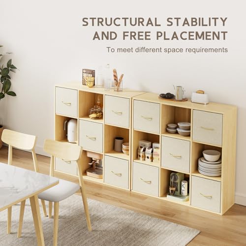9 Cube Storage Organizer - Solid Wood Bookshelf with 5 Storage Bins, Cube Shelf with 3 Removable Back Panels, Vertical or Horizontal Bookcase, Open Book Shelf for Bedroom, Living Room, Office - size: 9 Cube Shelf