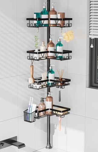 KEGII Shower Caddy Corner Tension Pole with Toothbrush Holder - Adjustable Corner Shower Organizer with Tooth Brush Holder, No Drilling Rustproof Bathroom Shelf Storage Rack, Fits 25-114.2 Inch - color: Black